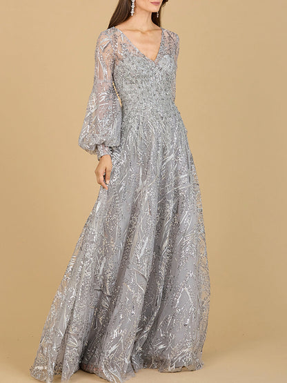 V Neckline Long Sleeve Gown
