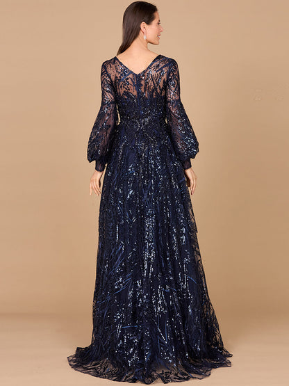 V Neckline Long Sleeve Gown