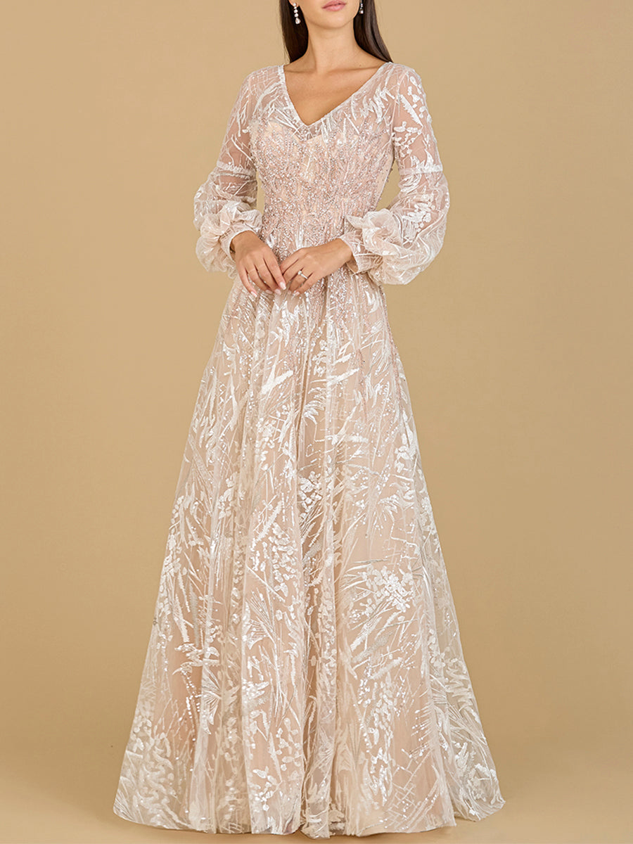 V Neckline Long Sleeve Gown