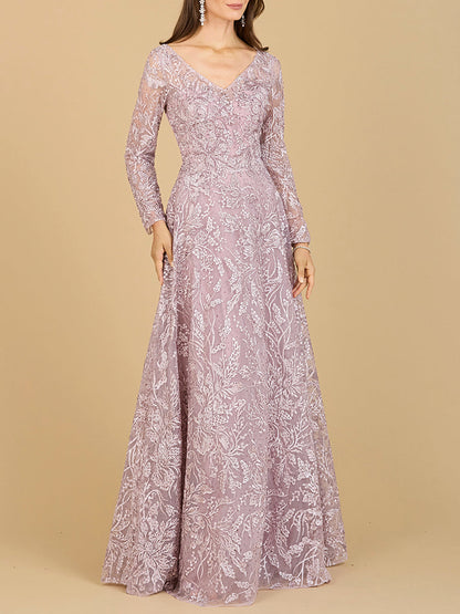 A-line Gown With Long Sleeves, V-Neckline