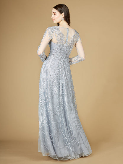 Long Sheer Sleeve V-Neckline Sheath Gown