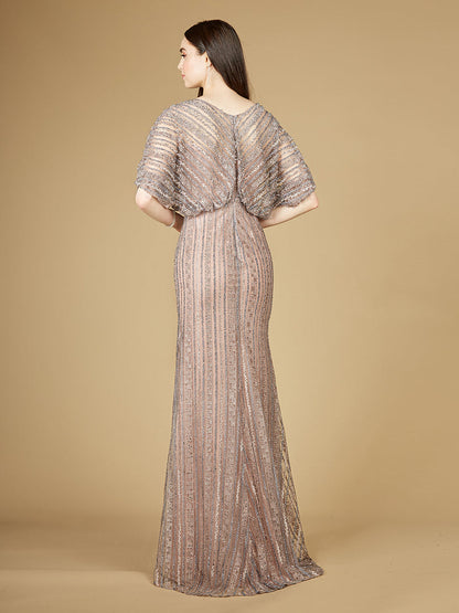 Cape Sleeve V-Neck Gown with Geometric Beading
