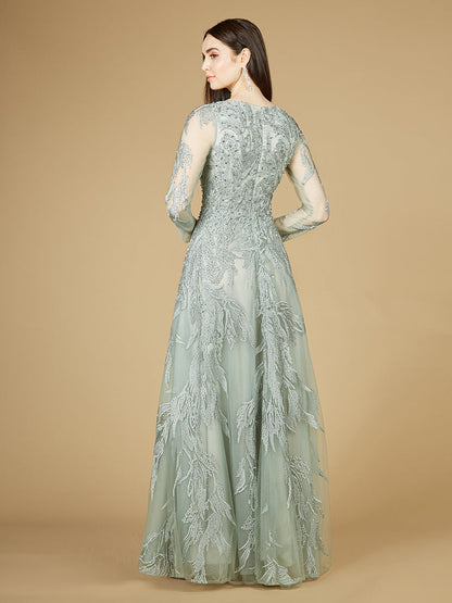 Long Sleeve Lace Ballgown with V-Neck