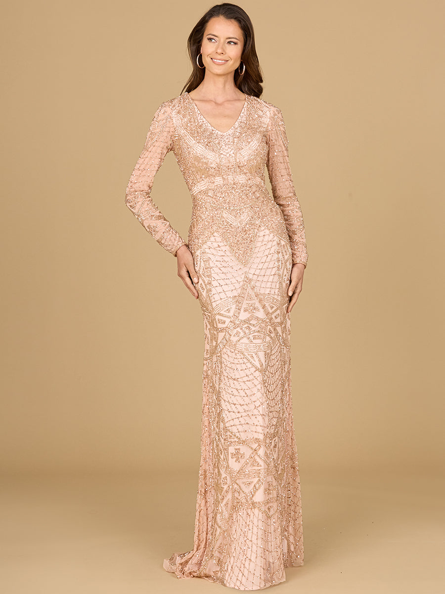 Beaded Long Sleeve V-neck Gown