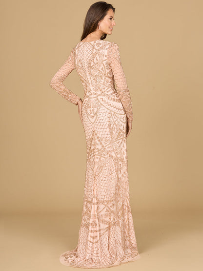Beaded Long Sleeve V-neck Gown