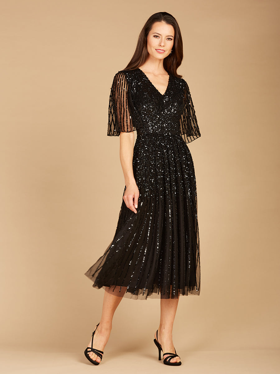 Flowing, Sequin Midi Dress with Short Sleeves – Petals And Promises Prom