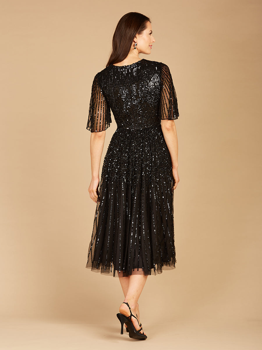 Flowing, Sequin Midi Dress with Short Sleeves Petals And Promises Prom Flowing, Sequin Midi Dress with Short Sleeves Petals And Promises Prom