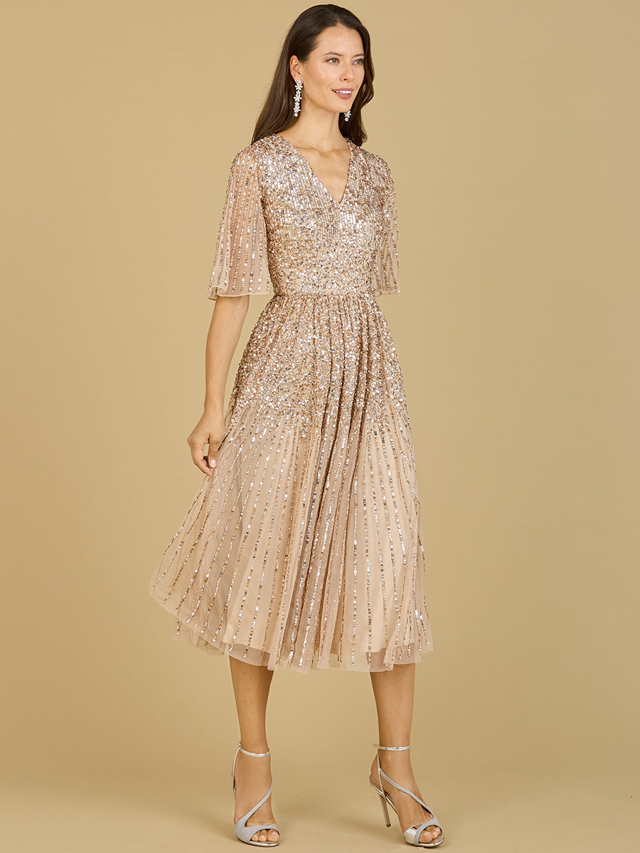 midi sequin dress with sleeves QUIZ Women's Long Sleeve flutter sleeves and optional belt Plunging V-Neck Long Sleeve Sequin