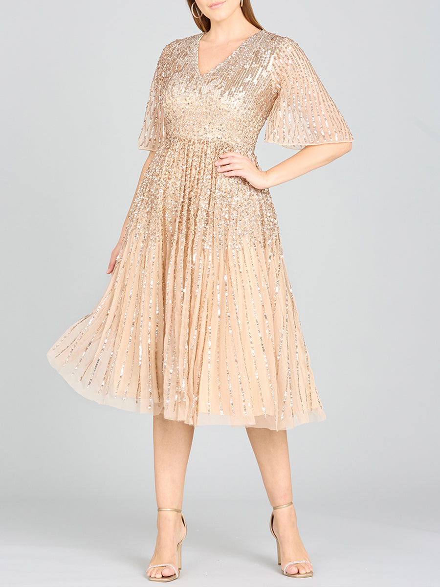 Flowing, Sequin Midi Dress with Short Sleeves Petals And Promises Prom Flowing, Sequin Midi Dress with Short Sleeves Petals And Promises Prom