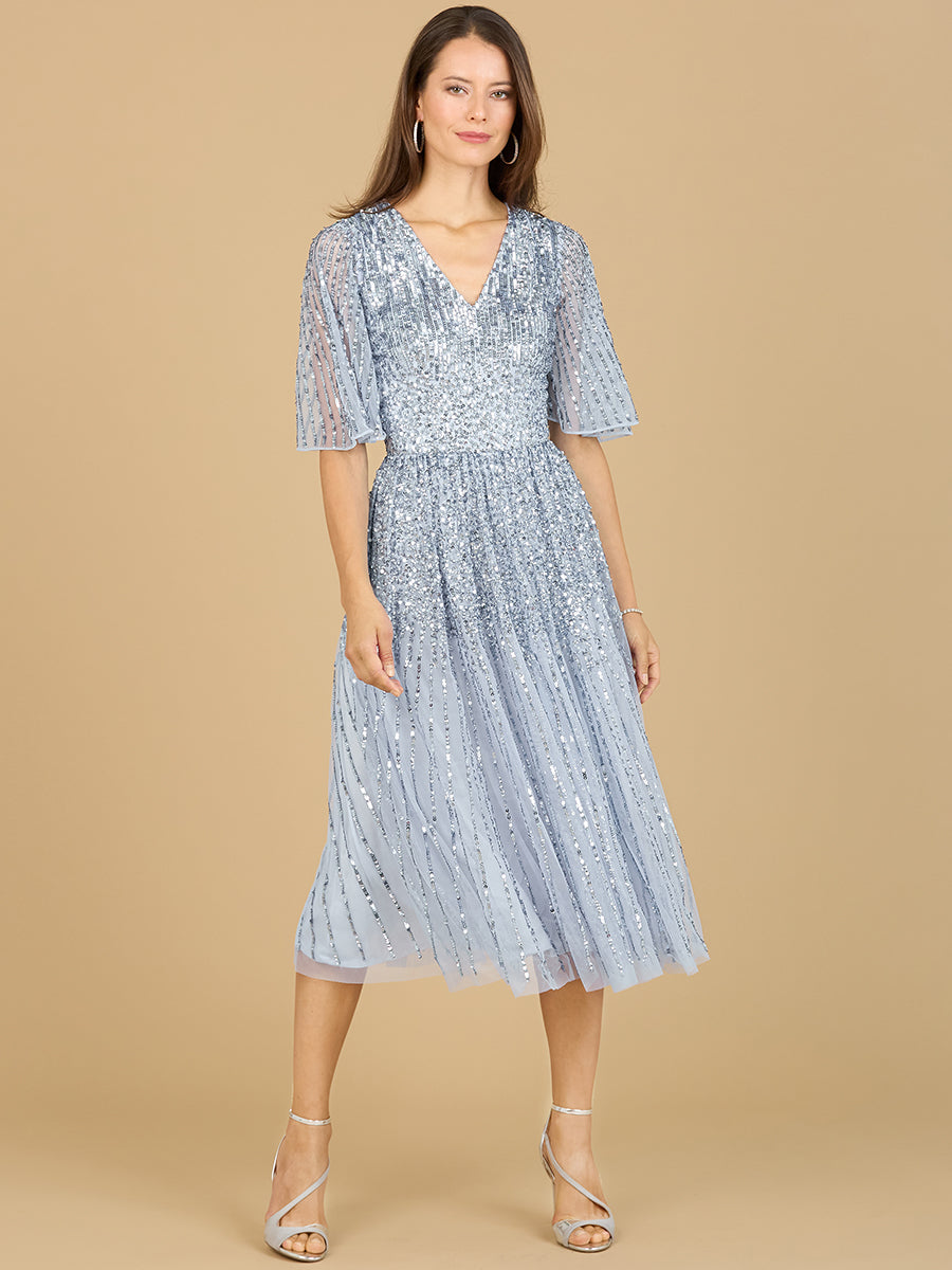 Flowing, Sequin Midi Dress with Short Sleeves Petals And Promises Prom Flowing, Sequin Midi Dress with Short Sleeves Petals And Promises Prom