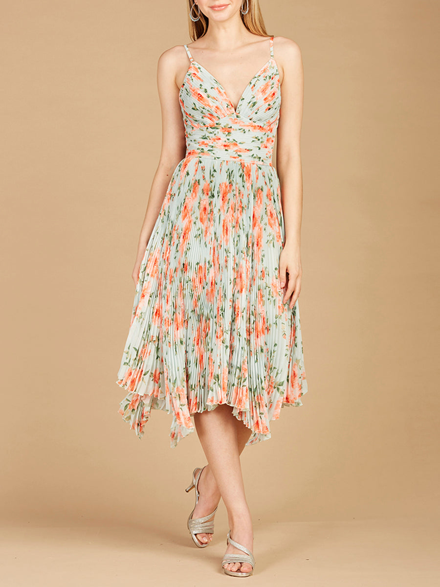 V-Neck Printed Midi Length Dress with Pleats
