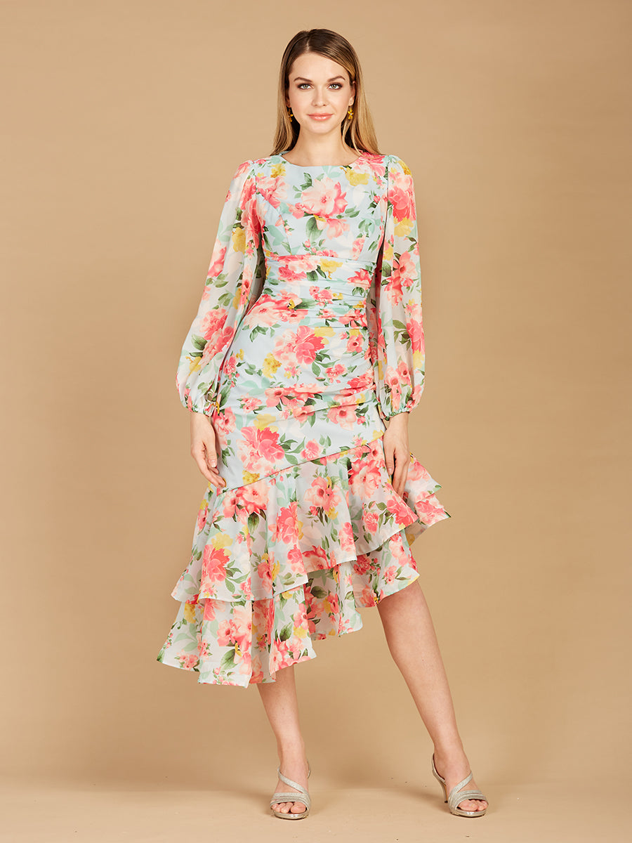 High Neck, Lace Up, Long Sleeve Printed Midi Dress - OUTLET Petals And Promises Prom High Neck, Lace Up, Long Sleeve Printed Midi Dress - OUTLET Petals And Promises Prom
