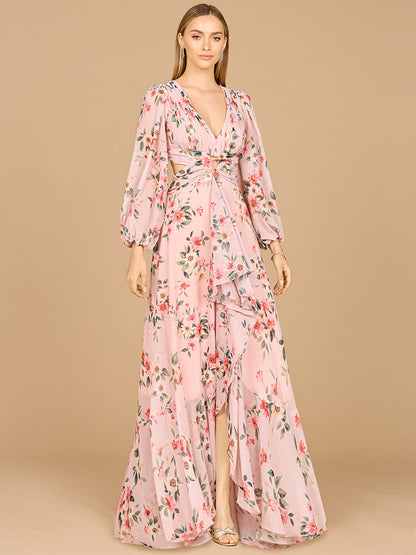 Long Sleeve V-Neck, Layered Skirt Print Dress- OUTLET