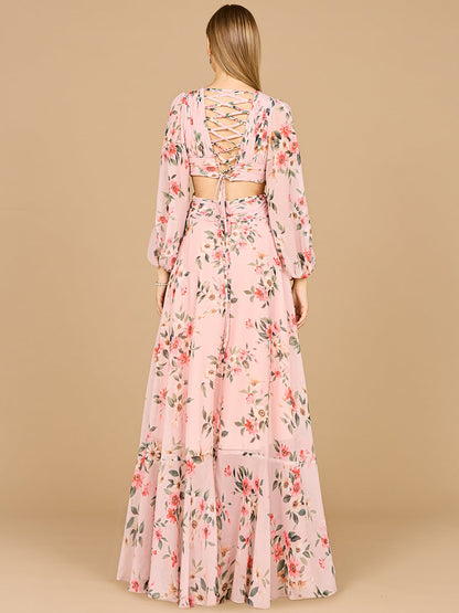 Long Sleeve V-Neck, Layered Skirt Print Dress- OUTLET
