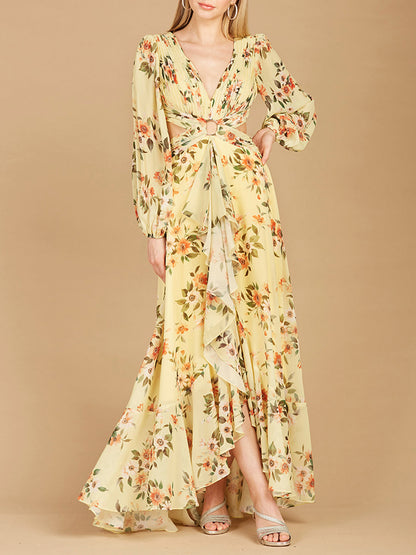 Long Sleeve V-Neck, Layered Skirt Print Dress- OUTLET