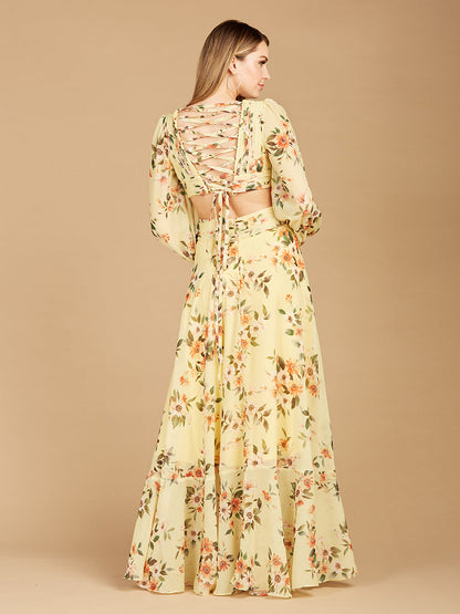 Long Sleeve V-Neck, Layered Skirt Print Dress- OUTLET