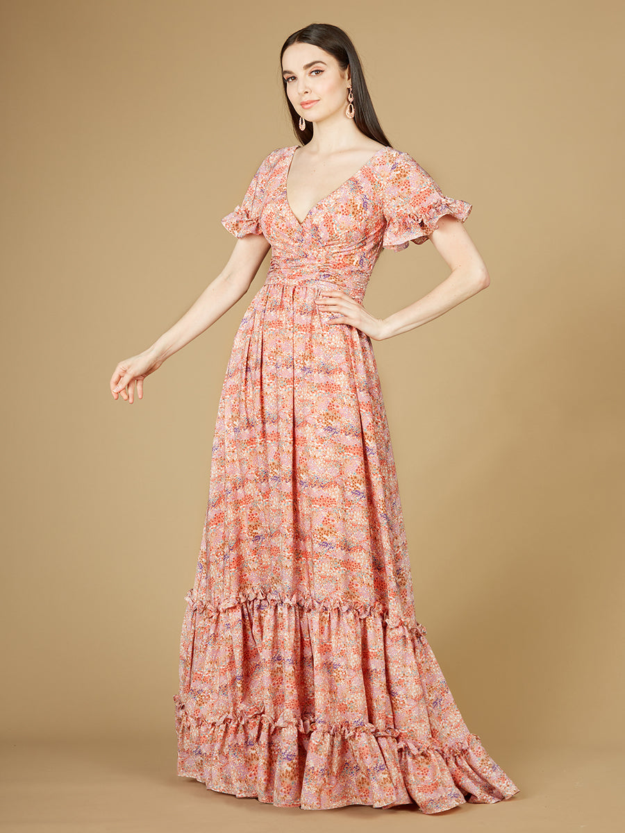 Long Print Gown with Cap Sleeves