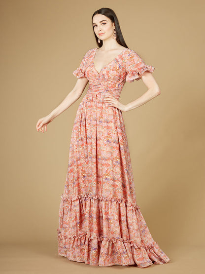 Long Print Gown with Cap Sleeves