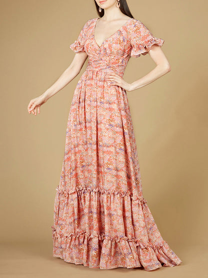 Long Print Gown with Cap Sleeves