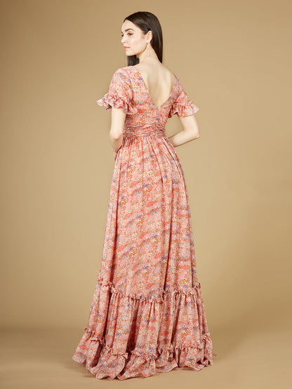 Long Print Gown with Cap Sleeves