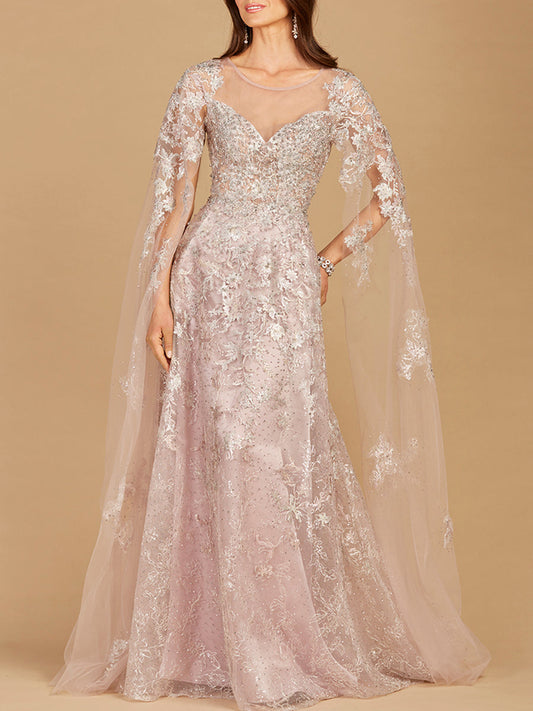Lace Gown with Cape Sleeves, Sweetheart Neckline