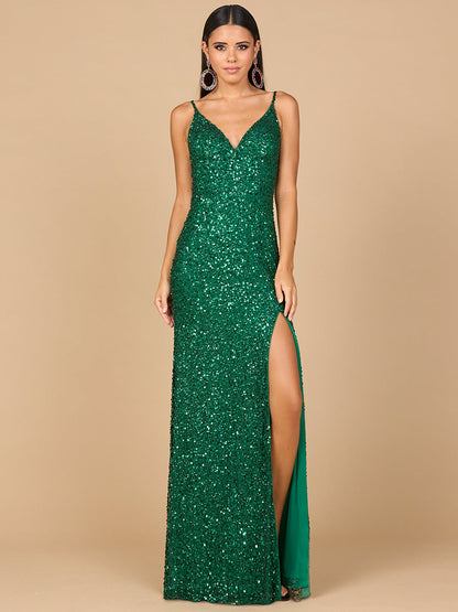 Beaded V Neck Dress with Slit