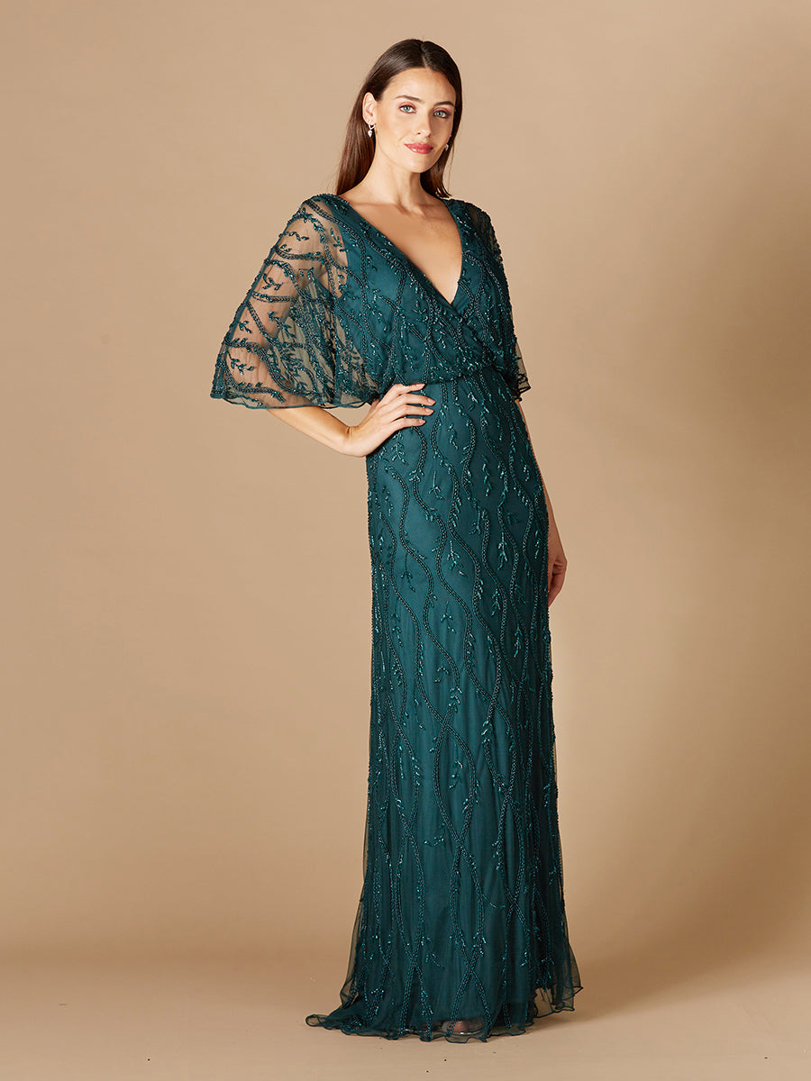 Illusion Cape Sleeve Beaded Gown