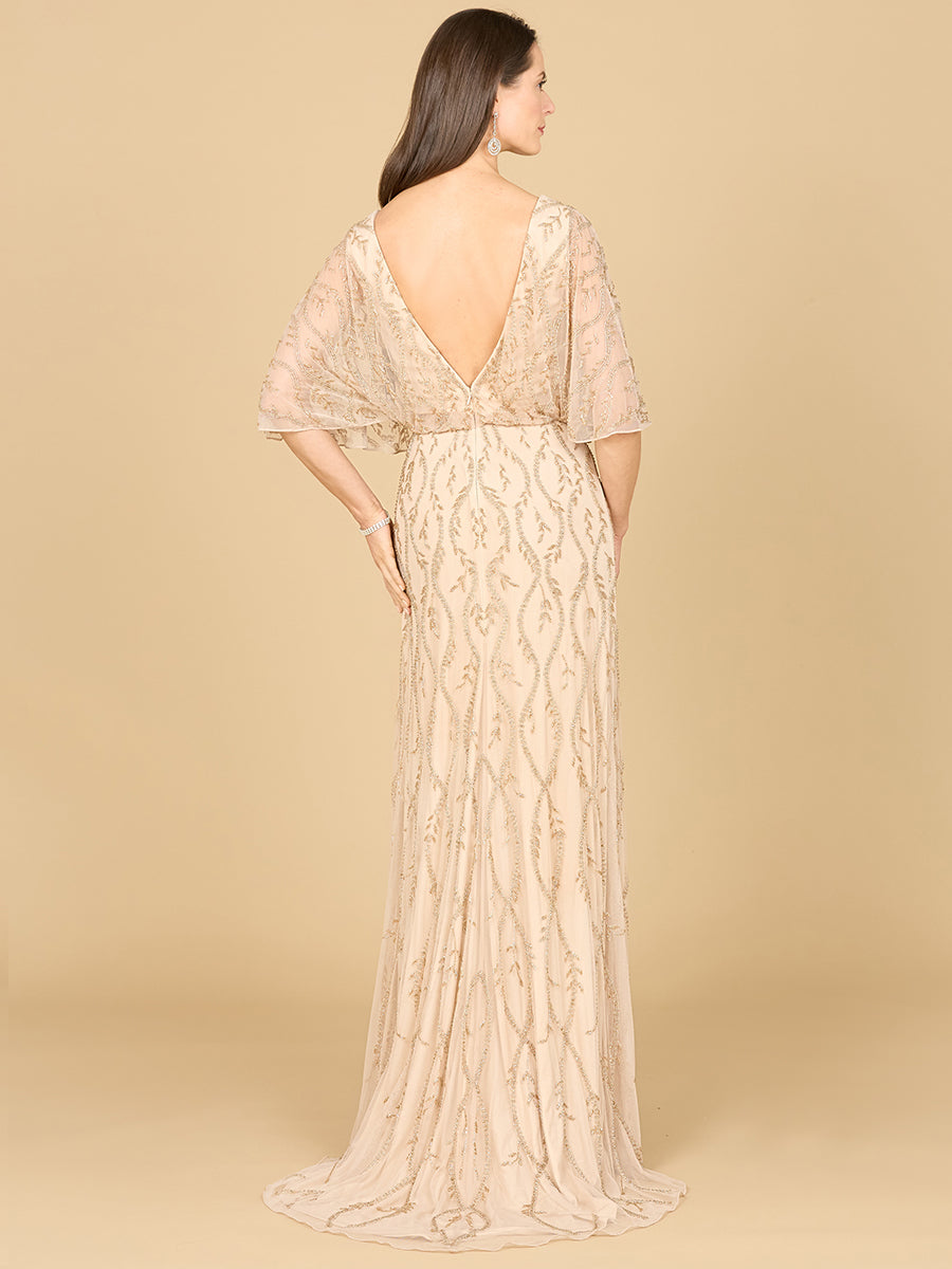 Illusion Cape Sleeve Beaded Gown
