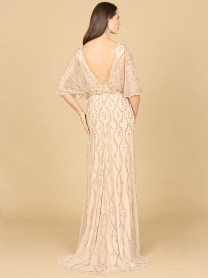 Illusion Cape Sleeve Beaded Gown