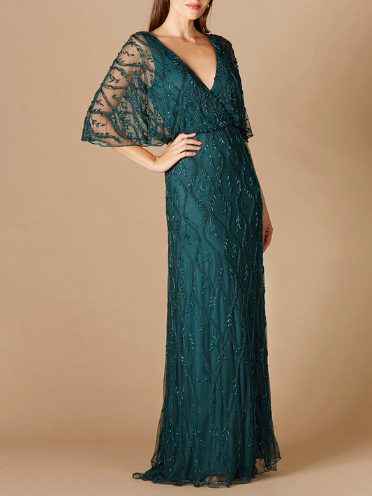 Illusion Cape Sleeve Beaded Gown