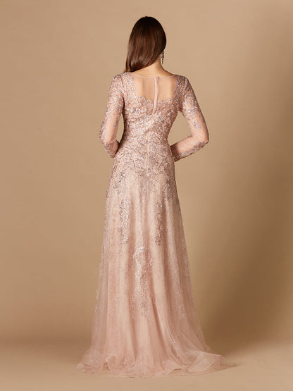 Long Sleeve V-Neck Lace Gown
