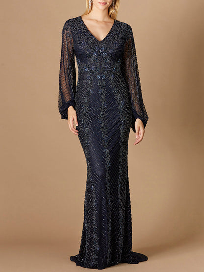 Long Sleeve Beaded Gown