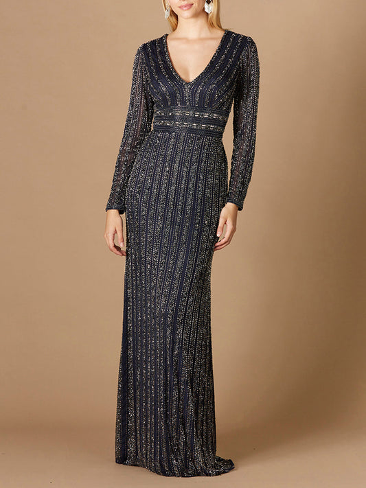 Long Sleeve Beaded Gown