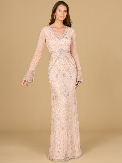 Long Bell Sleeve V-Neck Beaded Gown
