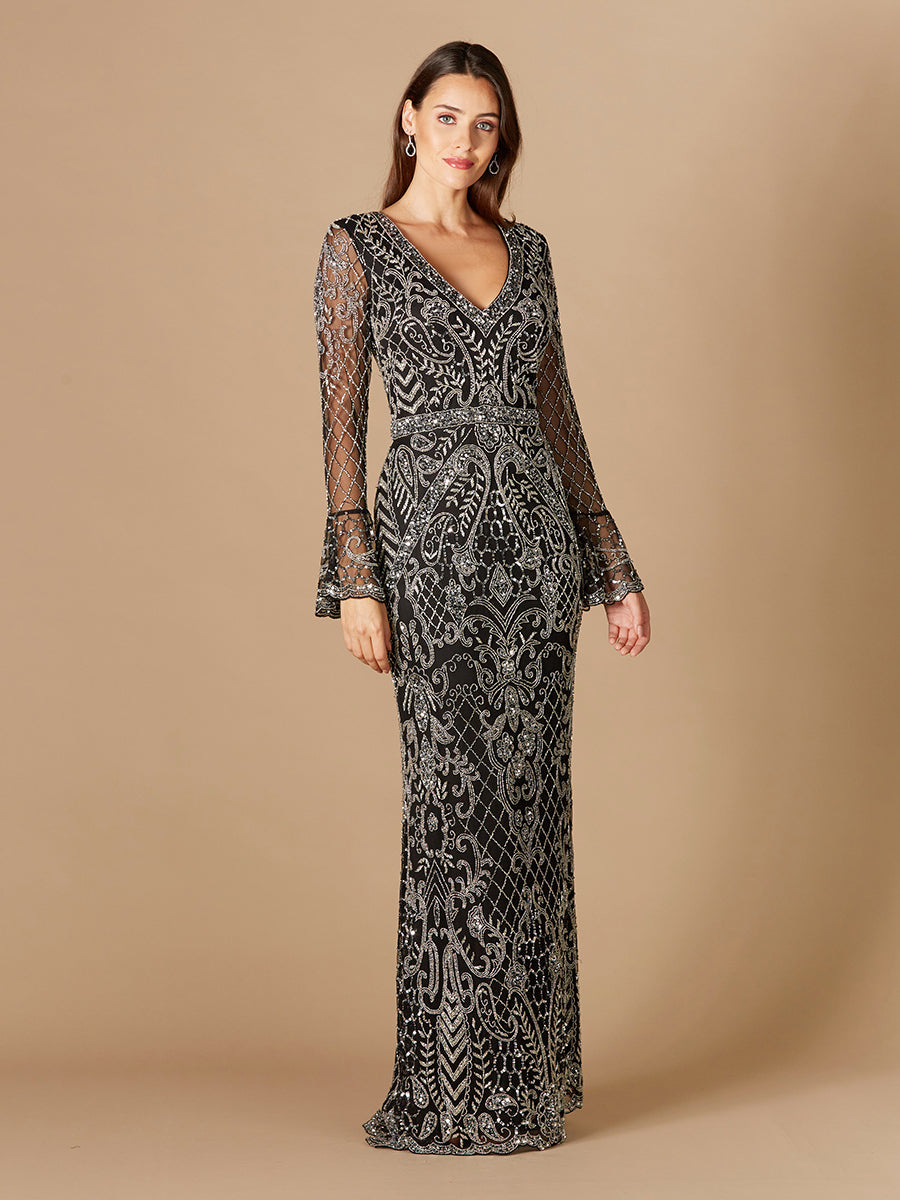 fitted lace wedding dress Long Bell Sleeve V-Neck Beaded Gown – Petals And Promises Prom