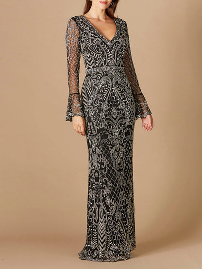 Long Bell Sleeve V-Neck Beaded Gown