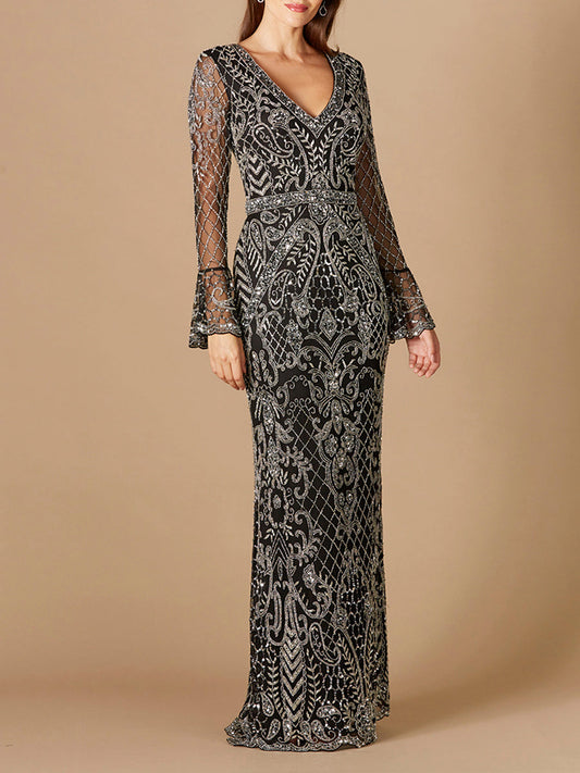 Long Bell Sleeve V-Neck Beaded Gown