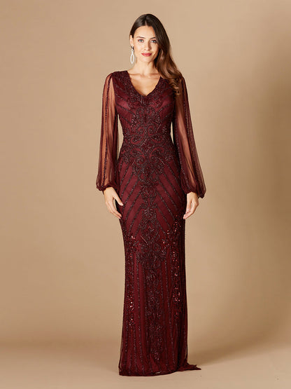 Long Flutter Sleeves Beaded Dress