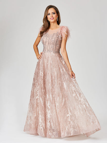 Lace ballgown with Feather Cap Sleeves