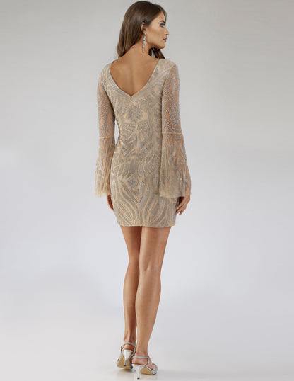 Lara 29608 - Bell Sleeves V Neck Cocktail Dress