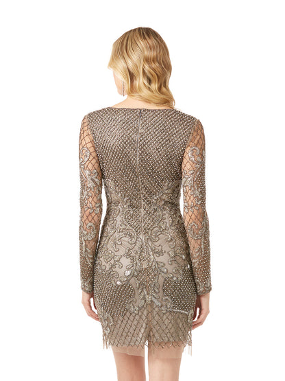 Long Sleeve Beaded Cocktail Dress