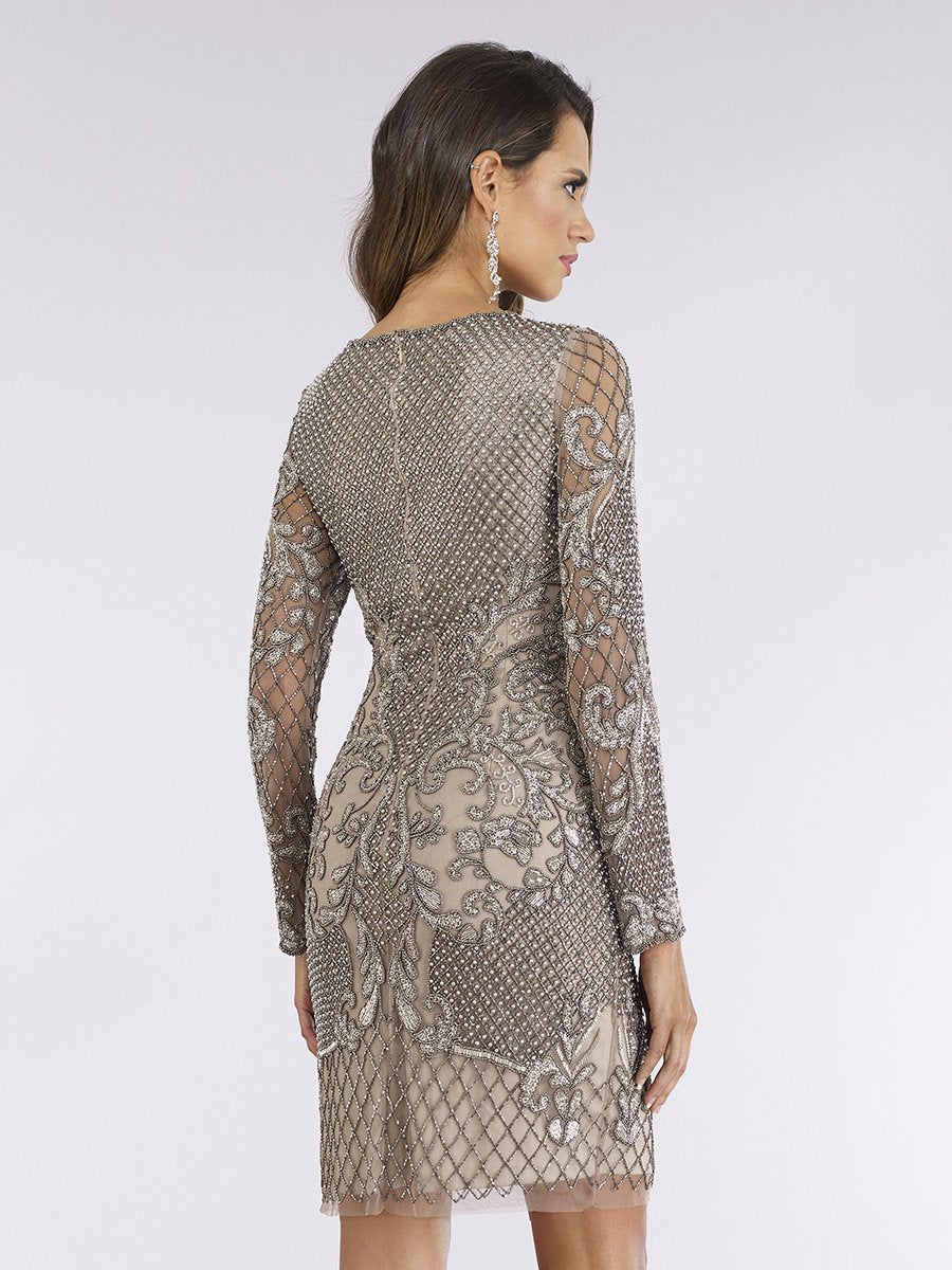 Long Sleeve Beaded Cocktail Dress