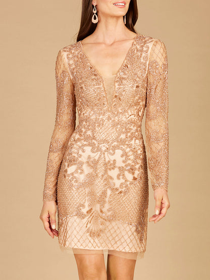 Long Sleeve Beaded Cocktail Dress