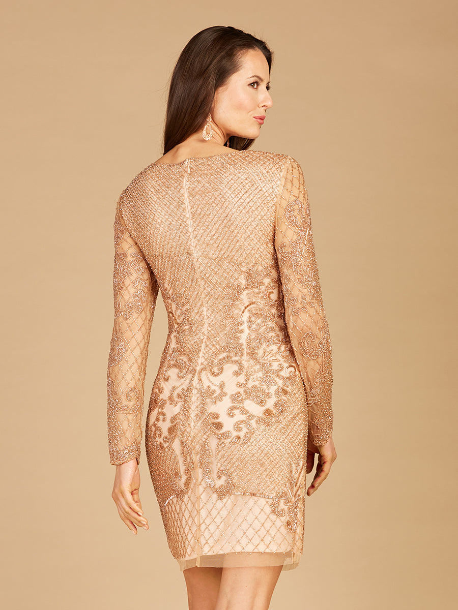 Long Sleeve Beaded Cocktail Dress