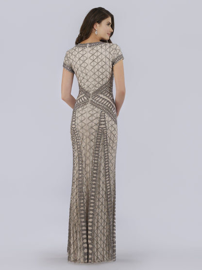 Lara 29746 - Beaded V-Neckline Dress with Cap Sleeves
