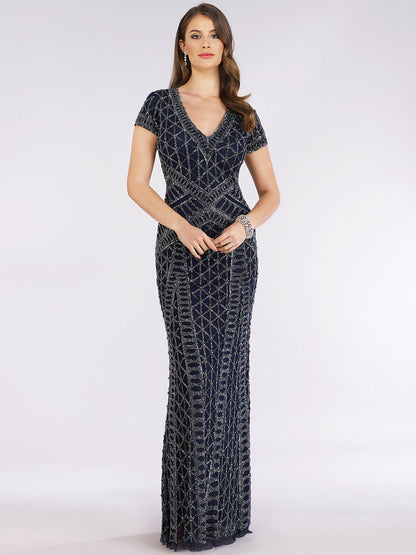 Lara 29746 - Beaded V-Neckline Dress with Cap Sleeves