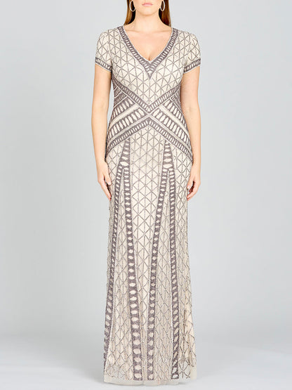 Lara 29746 - Beaded V-Neckline Dress with Cap Sleeves