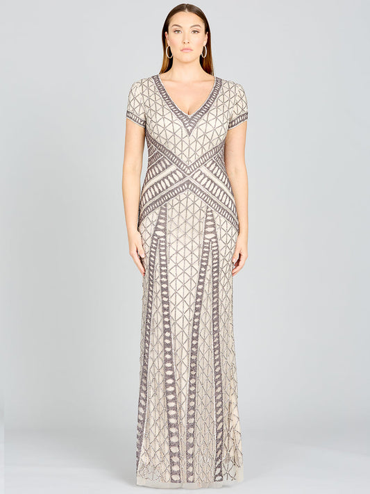 Lara 29746 - Beaded V-Neckline Dress with Cap Sleeves