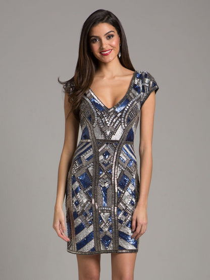Lara 29909 - Beaded, V-neck Mini Dress