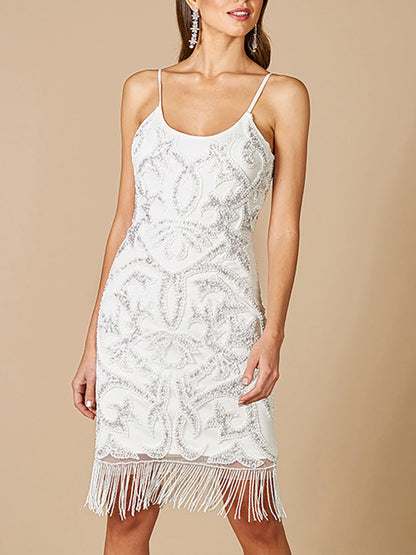 Lara Demi Beaded Short Fringe Wedding Dress